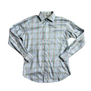 Peter Millar Mens Medium Blue White Plaid Button‎ Down Long Sleeve Dress Shirt